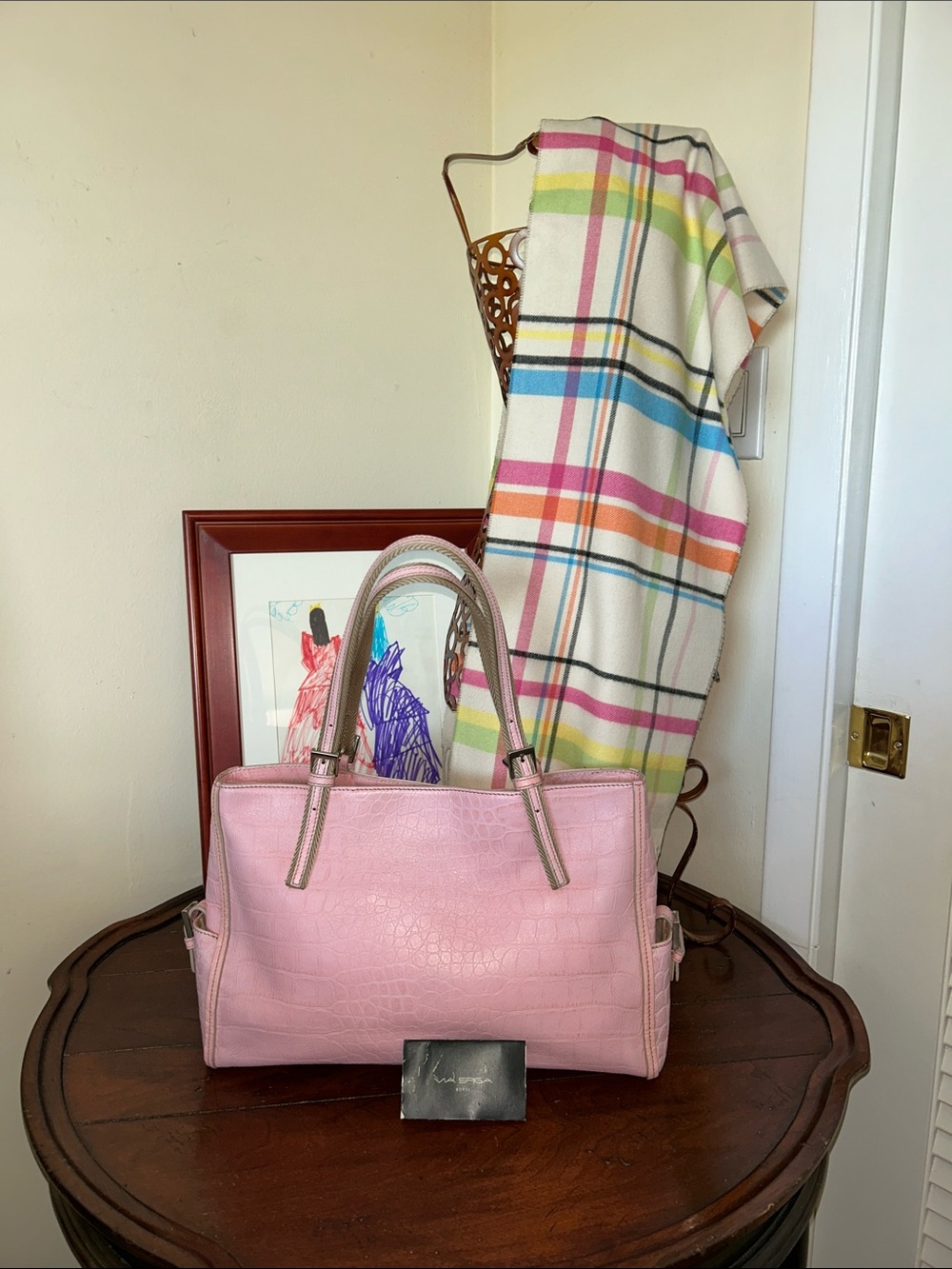 Via Spiga Pink Croc-Embossed Shoulder Tote with scarf included